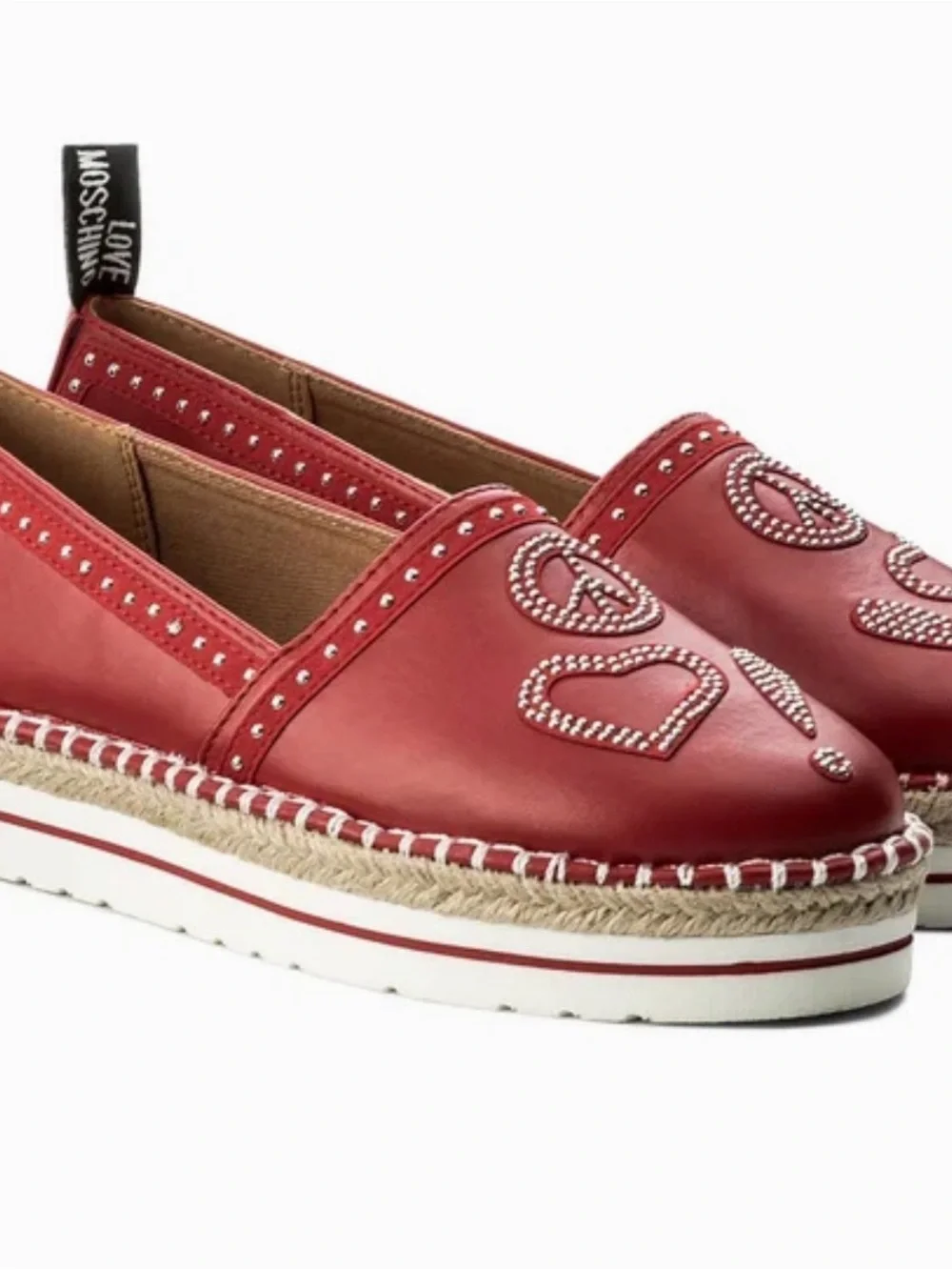 Love Moschino Red Leather Studded Heart Espadrille Platform Slip-Ons